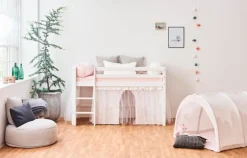 Hoppekids ECO Dream Halvhøj seng (delbar) hvid 70x160, med forhæng blå-Børn Pakkeløsninger|Juniorsenge