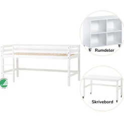 Hoppekids ECO Dream Halvhøj seng (delbar) hvid, med rumdeler og skrivebord-Børn Pakkeløsninger|Reoler