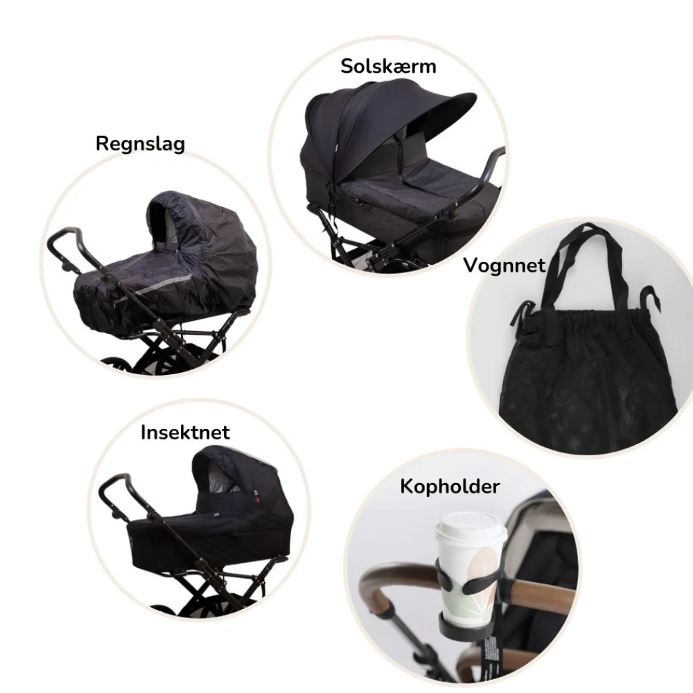 Scandia sommer tilbehørspakke til barnevogn - solskærm, kopholder, regnslag, myggenet og vognnet- Barnevognspakker