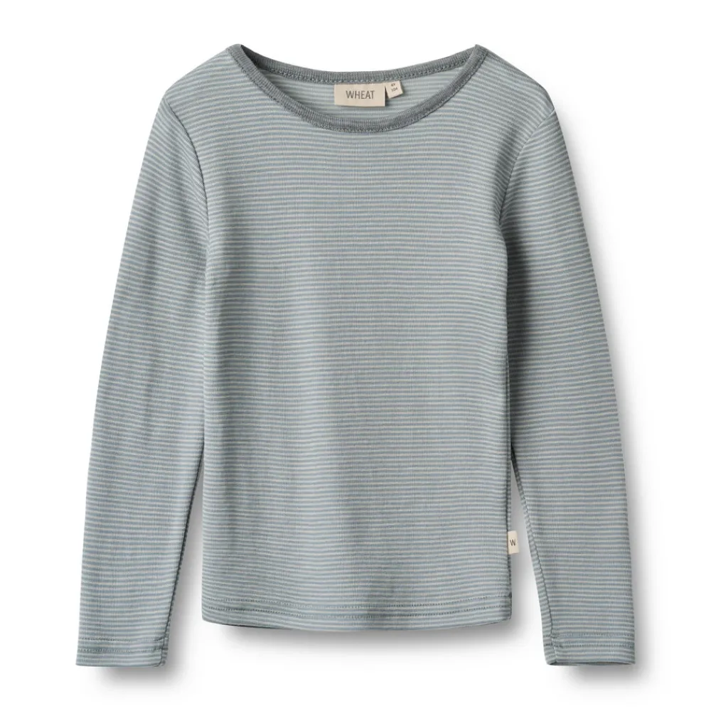 Wheat Uld t-shirt ls Alfie - Navy Stripe- Uldoverdele|Bluser