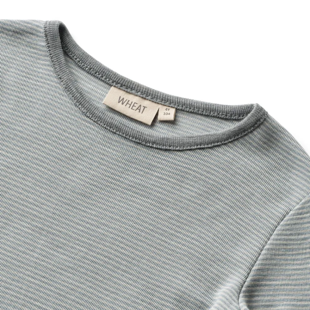 Wheat Uld t-shirt ls Alfie - Navy Stripe- Uldoverdele|Bluser